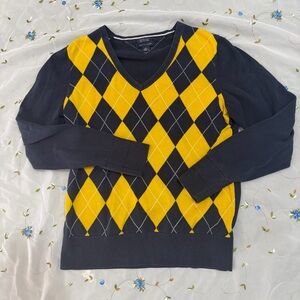 Tommy Hilfiger V-Neck Argyle Sweater in Navy and Yellow